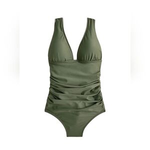 J.Crew Plus-size One-Piece Ruched V-neck Bathing Suit, Army Green, Size 24